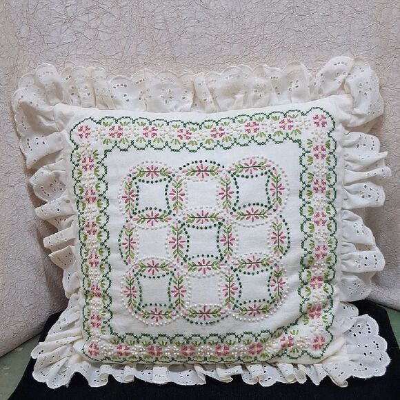 Hand crafted Embroidered Floral Ruffle 16" Square Pillow - Picture 1 of 5